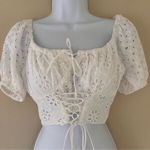 Sabo Luxe Coquette Cottagecore Eyelet Crop Top Medium White Milkmaid Puff Sleeve